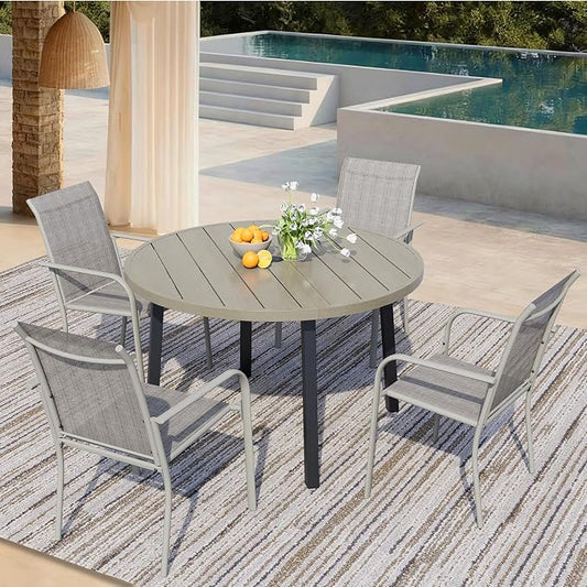 5 Pieces Patio Dining Set for 4, Grey Patio Stackable Chairs and Honey Oak Round Table Set of 4, Outdoor Furniture Set with Sling Support for Outside, Garden