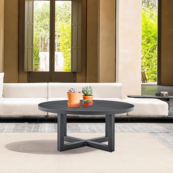 Armen Living Argiope Outdoor Patio Round Coffee Table in Grey Aluminum