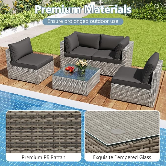 RELAX4LIFE 5-Piece Patio Furniture Set - Wicker Rattan Outdoor Sectional Sofa w/Glass-Top Coffee Table, Soft Seat & Back Cushions, Bistro Conversation Set for Garden Backyard Porch (1, Black)