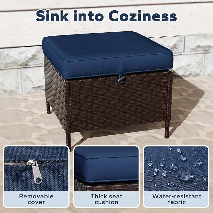 9 PCS Outdoor Conversation Set | 78" Couch, 2 Swivel Chairs, 2 Chairs, 4 Ottomans, Patio Wicker Conversation Furniture with Removable Cushions for Bistro, Deck, Sunroom (Navy Blue)