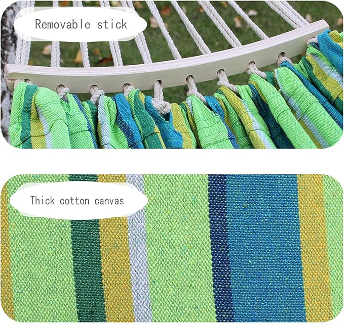 Cotton Fabric Hammock with Wood Spreader Bar and Fringed Deluxe Boho Style Swing Chair Indoor Bedroom Porch Yard Camping Hiking Travel Decor 200X150cm,Green