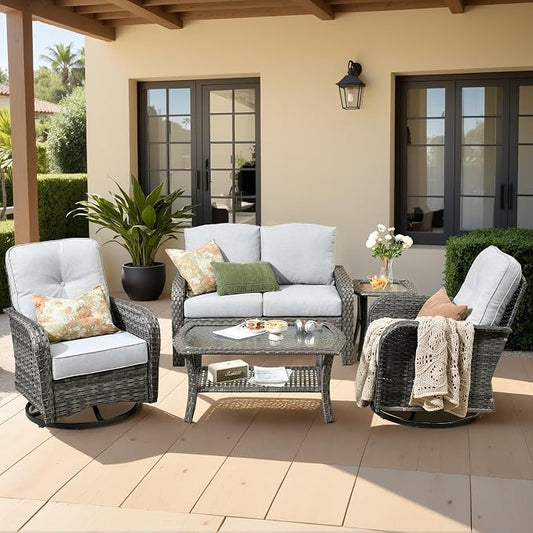 Weaxty 7 Pieces Patio Furniture Set,Wicker Outdoor Swivel Rocking Chairs,Rattan Loveseat Couch,Coffee Table,Patio Sofa Conversation Sets for Deck Backyard Porch Poolside, Dark Gray