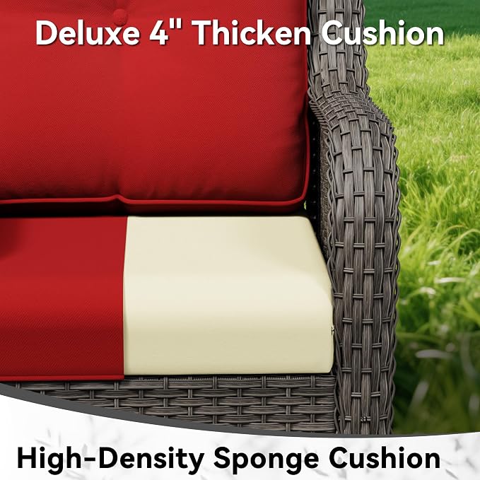 7 Piece Outdoor Wicker Patio Furniture Set, Patio Chairs Set with Thickened Olefin Cushions, High Back and Deep Seating, Hand-Woven PE Rattan, Ottoman for Porch, Deck