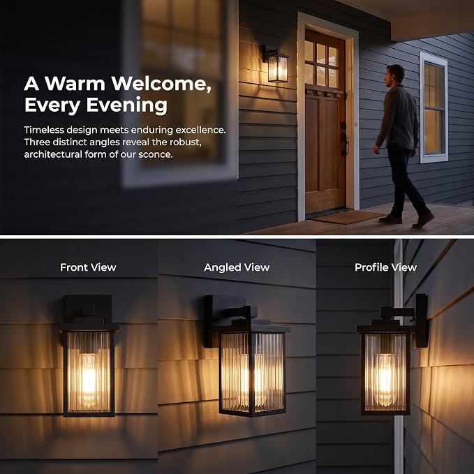 2 Pack Matte Black Porch Light, Rust-Resistant Outdoor Wall Light | Corrosion-Resistant Metal, Textured Glass Cuts Glare, Easy DIY Install on Porch, Garage