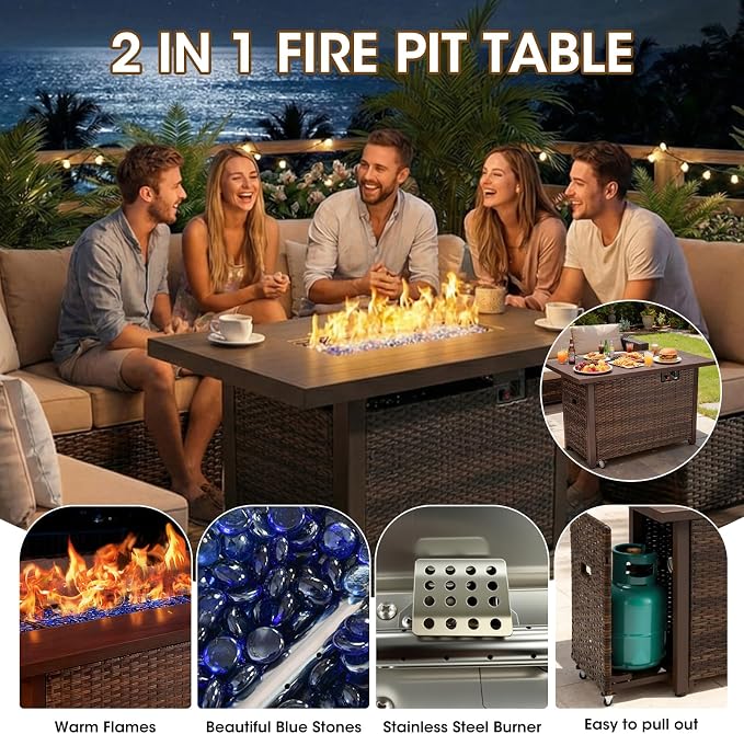 Grezone 7 Piece Patio Furniture Set with 44" Fire Pit Table, Outdoor Sectional Couch, PE Rattan Patio Conversation Sets with 4inch Cushions for Backyard Red