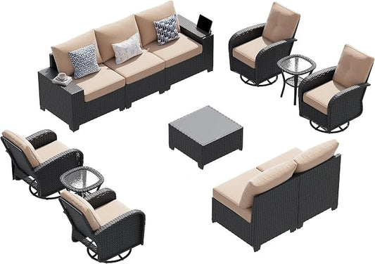 LazySunsets 12 PCS Patio Furniture Set, Outdoor Sectional All-Weather Wicker Conversation Set with Swivel Rocker Chairs, 4'' Thick Cushions for Backyard Poolside(Cream/Black)