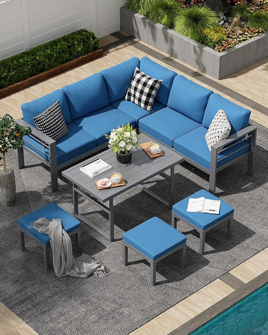 AECOJOY Aluminum Patio Furniture Set, 8 Seats Modern Outdoor Furniture with Adjustable Table, 7 Pieces Metal Conversation Sectional Sofa, Blue