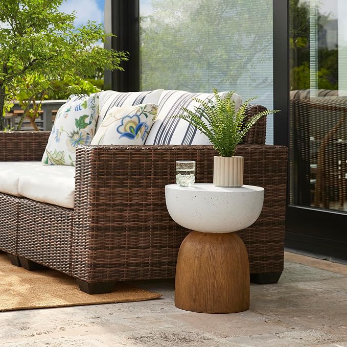Glitzhome Outdoor Side Table Set of 2, 17.75" H Decorative Garden Stool MGO Geometric Wood Texture End Table, Round Planter Stand for Indoor Outdoor Living Room Bedroom Patio Deck Poolside
