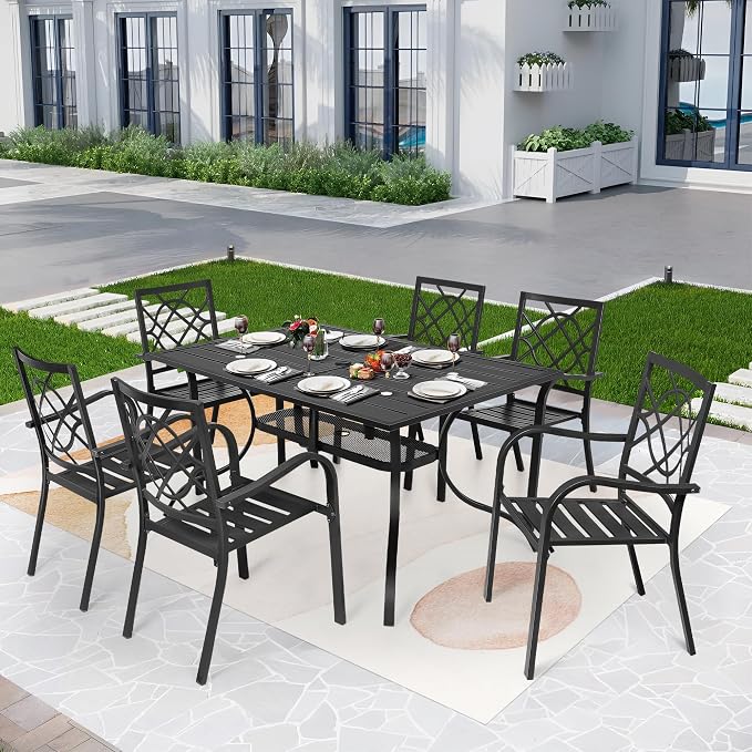 Incbruce 7 Pcs Outdoor Dining Set Wrought Iron Patio Dining Set, Dining Furniture Set (6 Dining Chair and 1 Rectangular Table with 1.57" Umbrella Hole) for Garden,Backyard(Metal Tabletop)