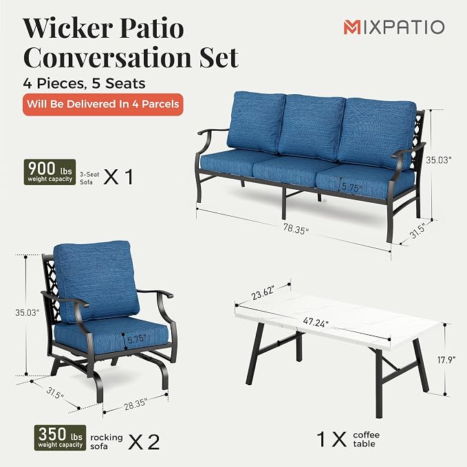 MIXPATIO Patio Furniture Set 4 pcs, Outdoor Patio Furniture, 3-Seat Sofa, 2 Rocking Chairs, Coffee Table and 5.75" Extra Thick Cushion, Conversation Set for Backyard Deck, Gemstone Blue