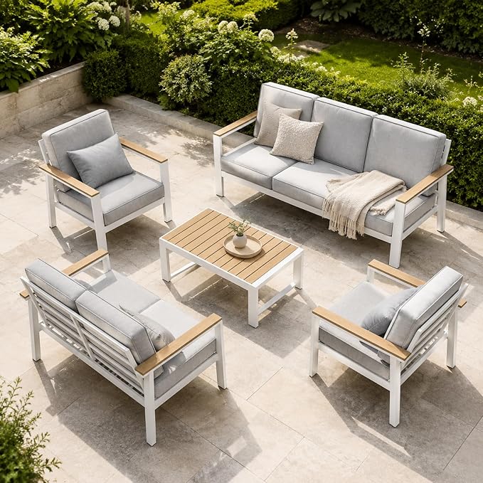 Modern All Weather Aluminum Patio Conversation Set,5 Pieces Oversized Metal Sectional Sofa Couch with Cushions and Coffee Table,Outdoor Furniture for Backyard,Porch,Garden, Balcony,Deck White