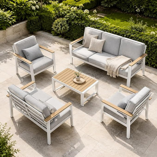Modern All Weather Aluminum Patio Conversation Set,5 Pieces Oversized Metal Sectional Sofa Couch with Cushions and Coffee Table,Outdoor Furniture for Backyard,Porch,Garden, Balcony,Deck White