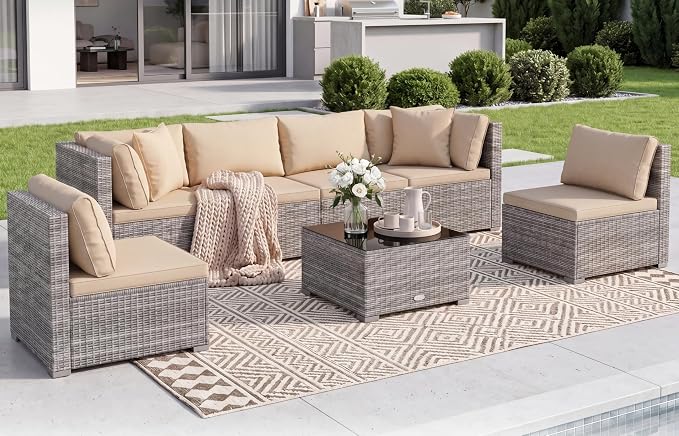 Tangkula 7 Pieces Wicker Sectional Patio Furniture Set, PE Rattan Sofas with Tempered Glass Coffee Table, Pillows & Cushions, Outdoor Wicker Conversation Set for Porch, Yard & Poolside, Grey & Beige