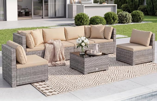 Tangkula 7 Pieces Wicker Sectional Patio Furniture Set, PE Rattan Sofas with Tempered Glass Coffee Table, Pillows & Cushions, Outdoor Wicker Conversation Set for Porch, Yard & Poolside, Grey & Beige