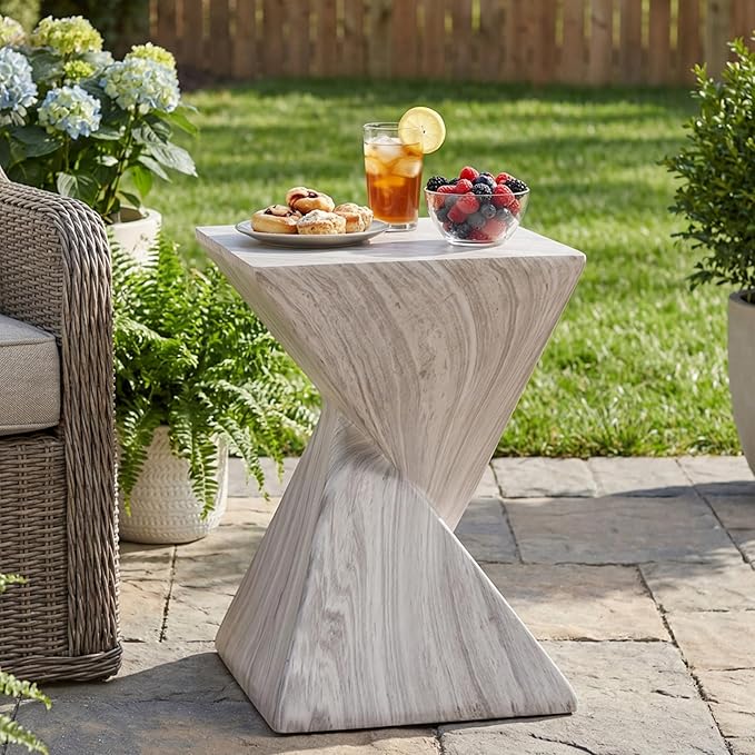 Christopher Knight Home 18.5 Inch Modern Outdoor Faux Concrete Side Table, Patio End Table with Sculptural Fluted Geometric Design, Accent Table for Garden Balcony Poolside