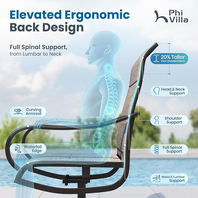 PHI VILLA Outdoor Dining Set for 6, Swivel Padded Textilene Chairs, Brown | 7 piece patio furniture set Includes rectangle metal table and breathable high back chairs, weather-resistant, deck, backyard