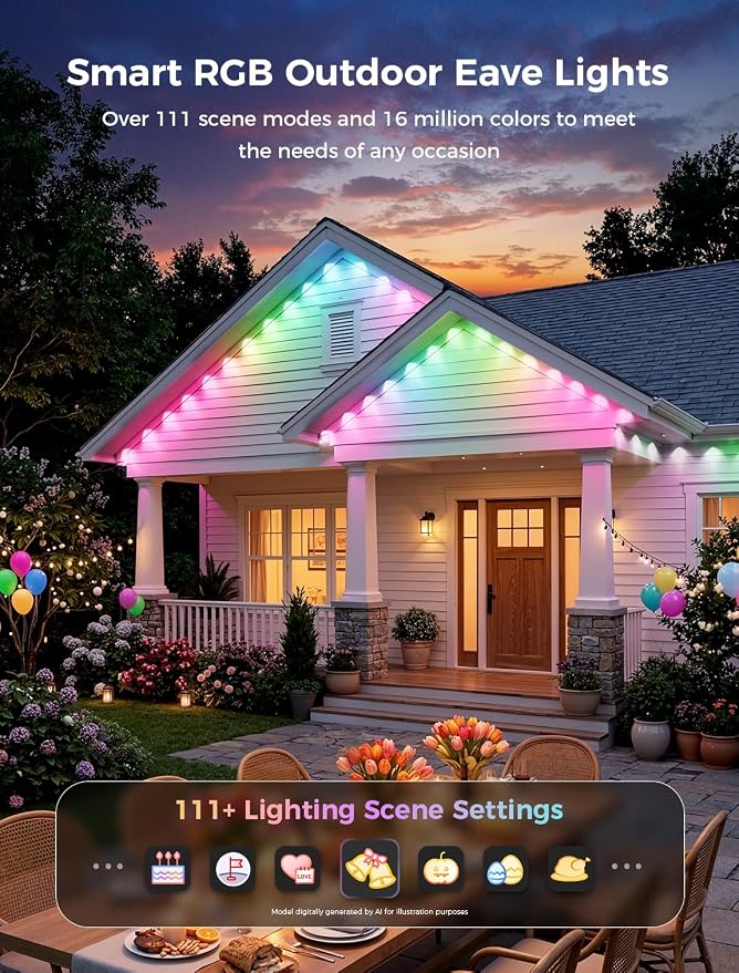 CDN House's Permanent Outdoor Lights, 100FT RGB+IC Outdoor Decor, 111 Scene Modes, 60 LED Lights with Smart APP & Remote Control, IP65 Waterproof, String Lights for Daily Holiday Decorations