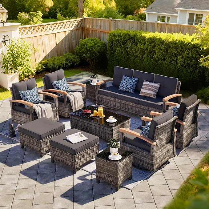 MEISSALIVVE 10 Pieces Patio Furniture Sets,Wicker Patio Conversation Sets with 4 Wood Armrests Swivel Glide Chairs, 2 Ottoman, 3-seat Sofa and Coffee Table (Grey)
