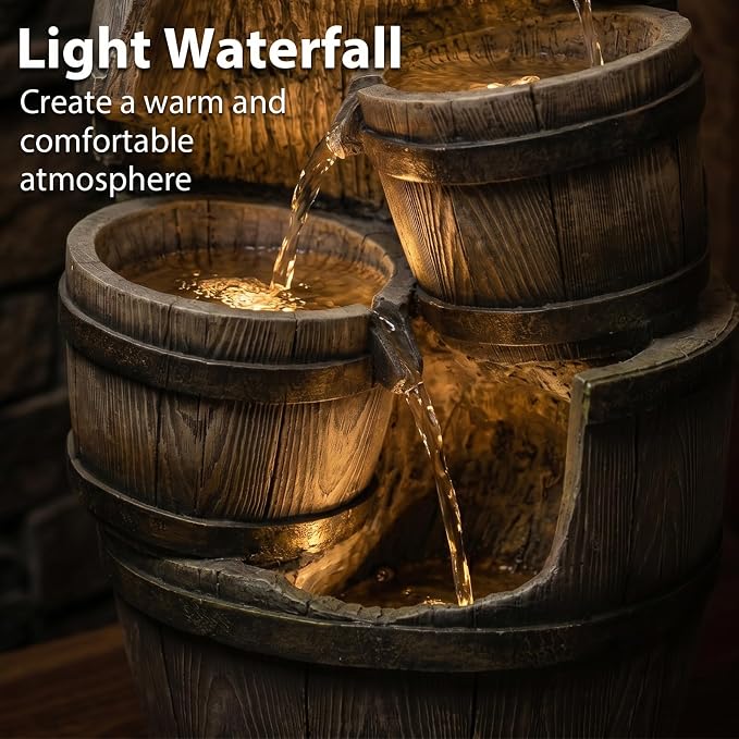 Barrel Side Table with Glass Top & 3-Tier Waterfall – 22.8" Tall Rustic Resin End Table with LED Fountain for Patio, Garden, Living Room, Home Bar