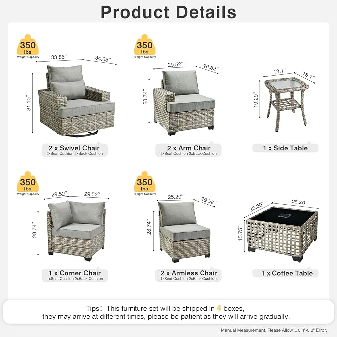 Weaxty 9 Pieces Patio Furniture Set, Outdoor Sectional Furniture Sofa Set w/Swivel Rocking Chairs Coffee Table, PE Wicker Modular Couch Conversation Set for Backyard Garden,Dark Gray