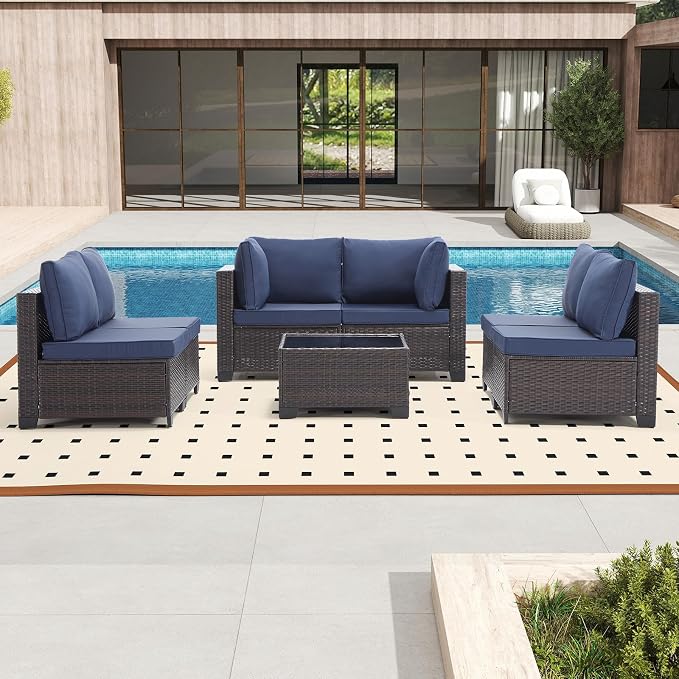Bonzy Home 5 Pieces Outdoor Patio Furniture Set, PE Rattan Outdoor Sectional Furniture Sofa Set with Removable Cover and Glass Coffee Table, Patio Sofa for Balcony, Porch, Garden, (Brown-Navy Blue)