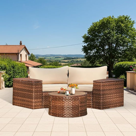 ECOTOUGE Outdoor Patio Furniture, 5 Piece Half-Moon Sectional Round Patio Set, Wicker Lazy Outdoor Sofa Set with Storage Side Table & Coffee Table for Pool Backyard Patio Garden(Beige/Brown)