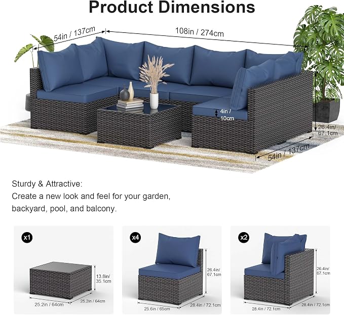 Patio Furniture Set, 8PCS Outdoor Sectional w/ Fire Pit Table PE Rattan Patio Conversation Set w/Thickened Cushion Patio Sectional Modular Wicker Patio Sofa Set w/Coffee Table for Balcony(Blue)