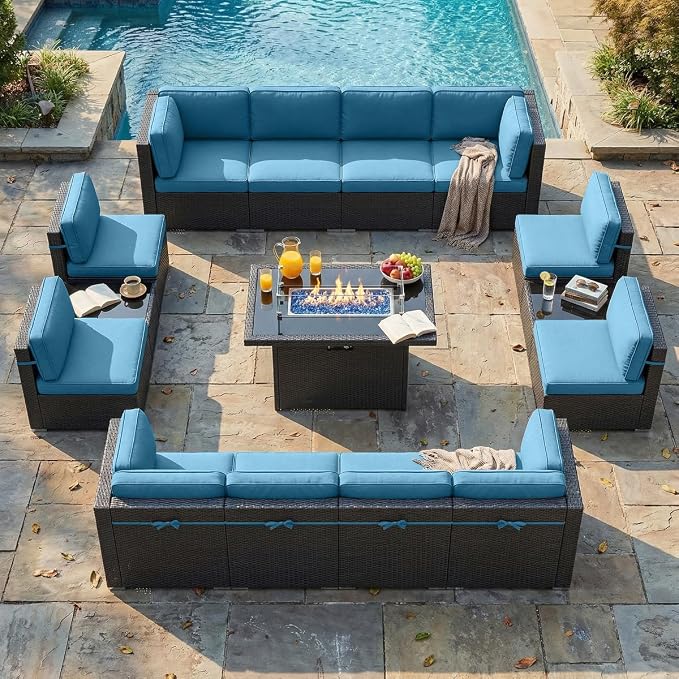 LayinSun 15 Piece Patio Furniture Set with Fire Pit Table, Outdoor Conversation Sets Wicker Rattan Sectional Sofa with Coffee Table