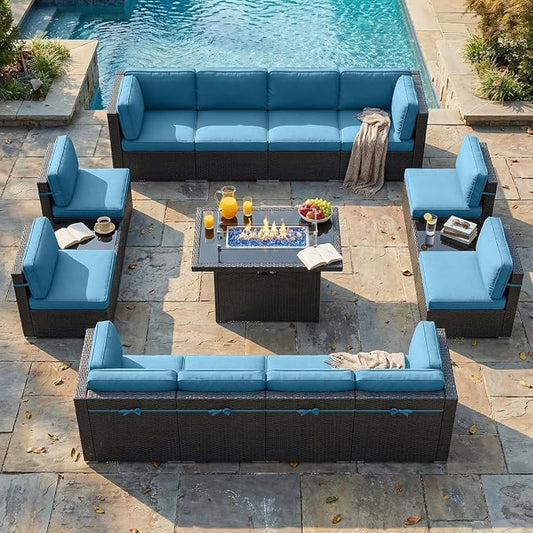 LayinSun 15 Piece Patio Furniture Set with Fire Pit Table, Outdoor Conversation Sets Wicker Rattan Sectional Sofa with Coffee Table