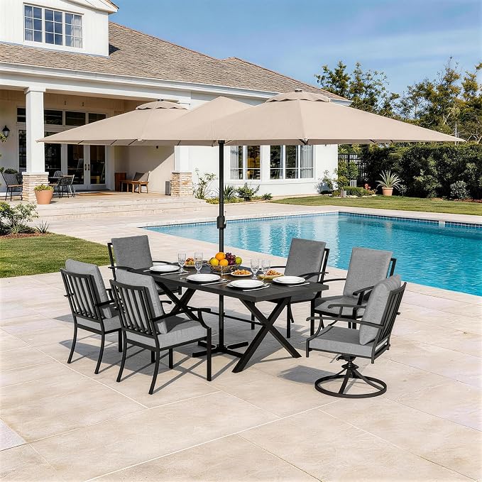 8 Pieces Patio Dining Set with Brown Umbrella,Outdoor Furniture Set Includes Hole Cut-Out Table and 4 Metal Backrest Chairs and 2 Swivel Chairs for Backyard,Garden,Poolside,Brown