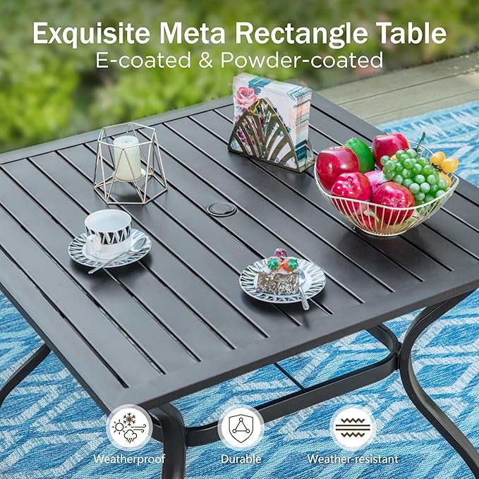 PHI VILLA 5pc Patio Dining Set with Umbrella, Square Table, Rattan Chairs | Includes 37" square metal table, 4 cushioned rattan chairs, and 10ft red umbrella. Perfect for patio, deck, yard, or porch