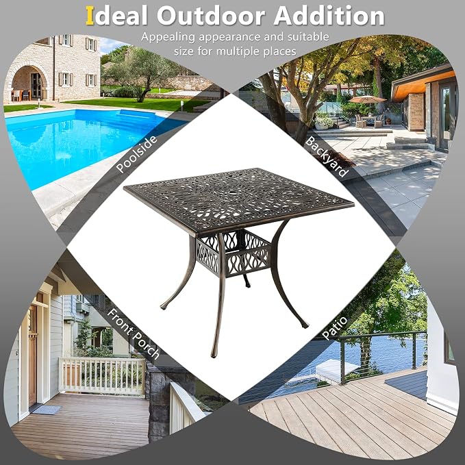 Giantex Patio Dining Table, Cast Aluminum Outdoor Table for 4 Persons, Heavy-Duty Structure, Adjustable Footpads, All-Weather Square Umbrella Table with Hole, 35.4" Lx35.4 Wx29.5 H