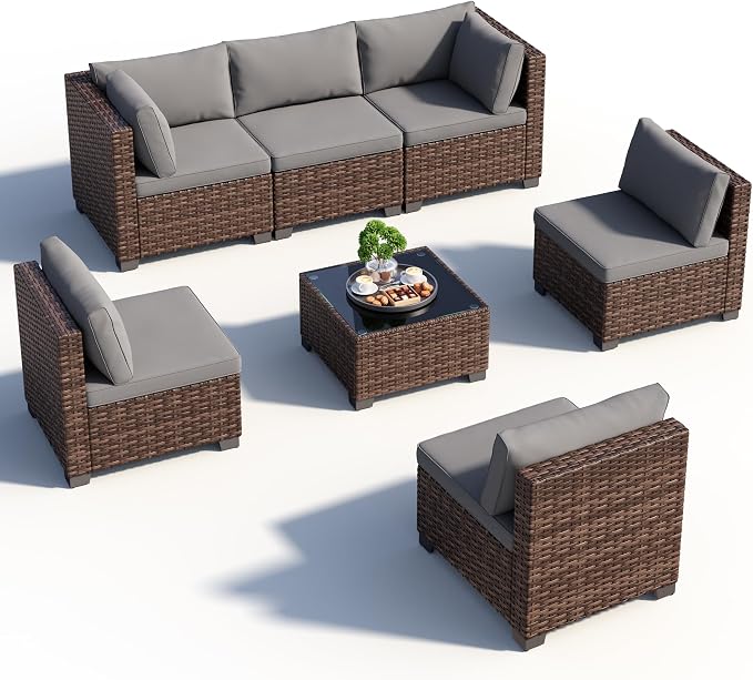 Qsun 7 Pieces Patio Furniture Set, Outdoor Sectional Rattan Sofa Set, Wicker Patio Conversation Set with Cushions and Glass Coffee Table, for Balcony, Porch, Garden, Grey
