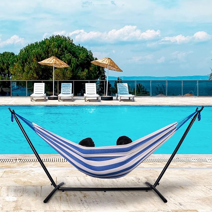 Lazy Daze Portable Hammock with Stand, Free Standing Hammocks for Indoor Outdoor Patio Yard, Has a Carrying Bag and Pillow, 9ft Hamacas Heavy Duty 2 Person Amaca 450 lbs Capacity(Blue White)