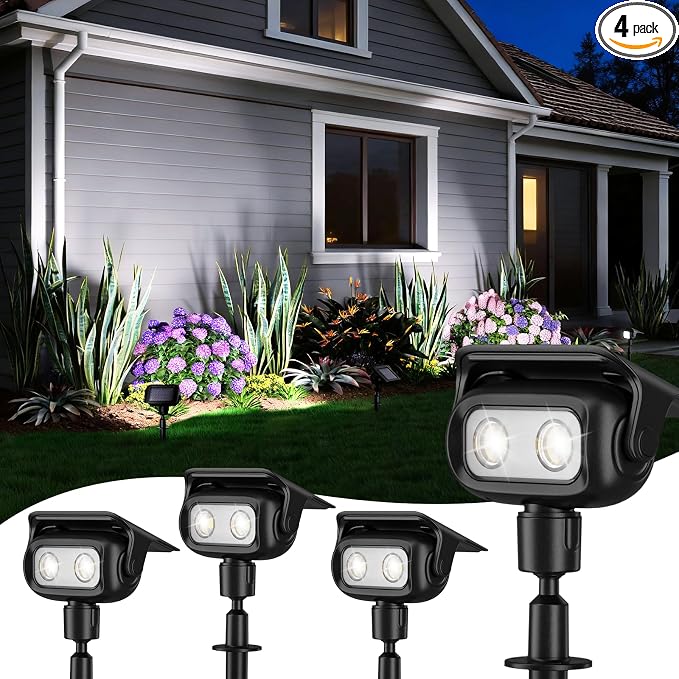 ROSHWEY Solar Spot Lights Outdoor, Waterproof Spotlights with 2 Brightness Mode, Landscape Lighting Solar Lights for Garden, Yard, Pathway (Cool White, 4 Pack)