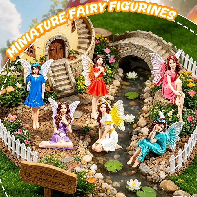 Exasinine 6 Pcs Fairy Figurines 4 Inch Colorful Fairies for Fairy Garden | 6 Hand-Painted 4-Inch Resin Fairy Figurines, Assorted Poses for Fairy Gardens, Flower Beds, Planters and Tabletop Decor