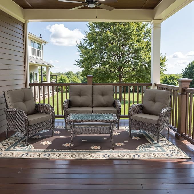 Belord 5 Piece Wicker Patio Furniture Set, Outdoor Swivel Rocker Chairs Set of 2 with Ottomans and Side Table, All Weather Patio Conversation Furniture Set, for Porch Pool, Brown Wicker/Red
