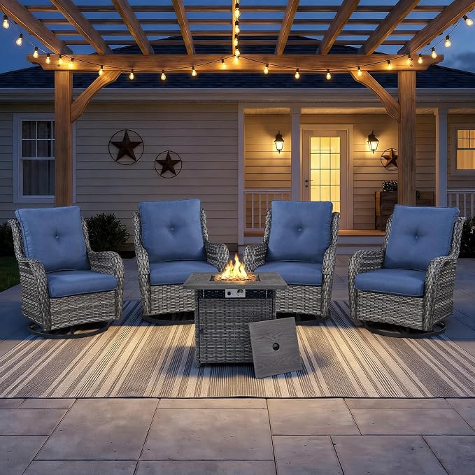 Wicker Patio Furniture Set- 4 Pieces Outdoor Swivel Rocker Chairs with 50,000 BTU Fire Pit Table,PE Rattan Outdoor Conversation Set for Garden Porch Deck