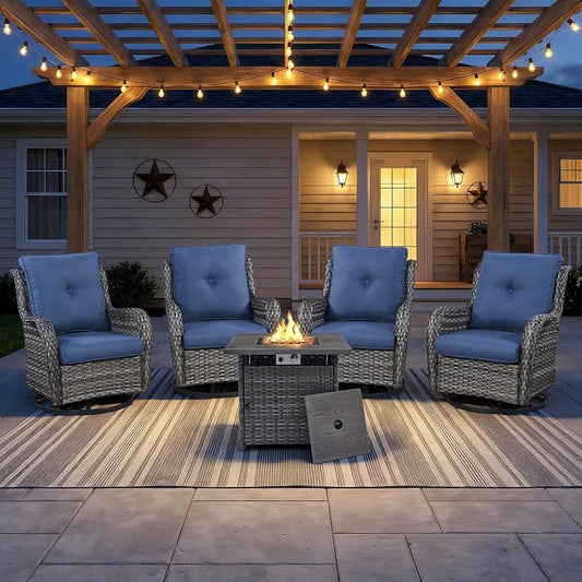 Wicker Patio Furniture Set- 4 Pieces Outdoor Swivel Rocker Chairs with 50,000 BTU Fire Pit Table,PE Rattan Outdoor Conversation Set for Garden Porch Deck