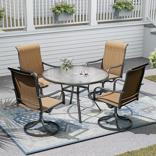 Outdoor Patio Set, 40" Round Glass Dinging Table and 4pcs Swivel Chairs, All-Weather Patio Furniture Set with 1.7" Umbrella Hole for Garden Backyard Lawn Poolside