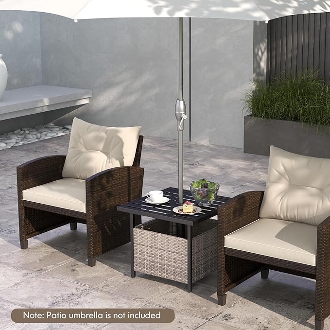 Tangkula Outdoor Table with Umbrella Hole, Rattan Umbrella Stand Table, Wicker Outside Side Table with Steel Metal Frame, Patio Bistro Table for Deck Garden Pool Yard, 22 x 22 x 18.5 Inch (Grey)