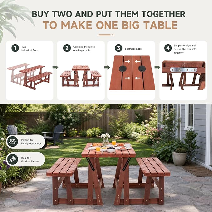 2-in-1 Convertible Bench Picnic Table - Outdoor Folding Dining Set w/Backrest & Umbrella Hole. Solid Wood, Waterproof & UV-Resistant - Ideal for Backyard, Patio, Garden & Parkway
