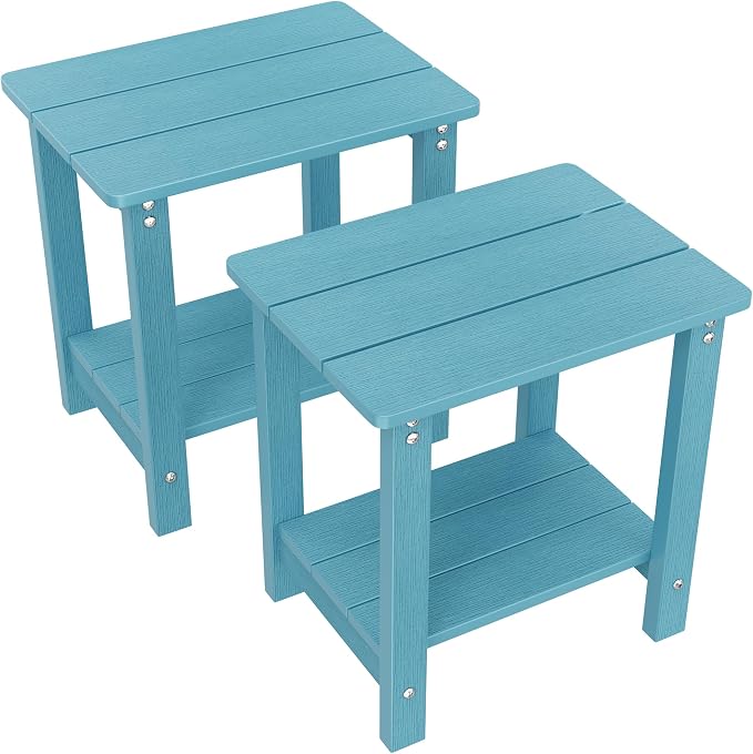 MXIMU Outdoor Side Table Set of 2: Heavy-Duty Sturdy Warp Resistant Adirondack Table - Wood Grain Finish Outdoor End Tables - Easy Assembly & Low Maintenance Patio Side Table Blue