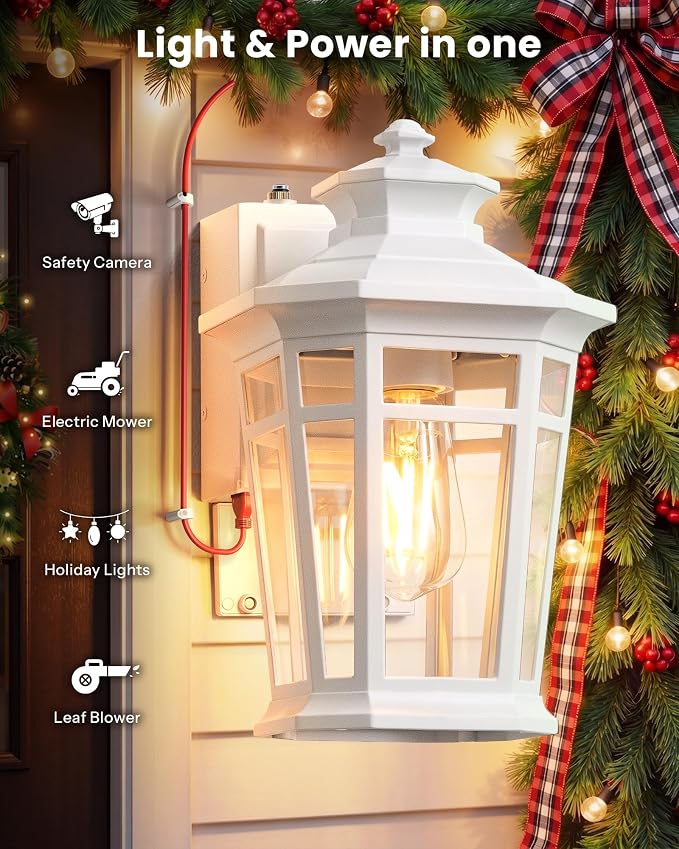 Gleamz Large Porch Lights Outdoor with GFCI Outlet, White Exterior Lighting Fixtures with Dusk to Dawn Sensor, Front Porch Light Wall Mount, Patio Wall Light Fixture for Garden Front Door Coach
