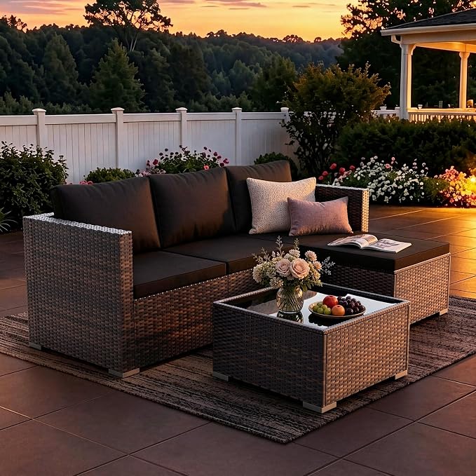 WWR Patio Furniture Set 5 Piece - Wide Armrests - All-Weather Wicker Rattan Outdoor Conversation Couch Sets, Modular Sectional Sofa for Garden, Patio, Poolside, Backyard, Balcony, Porch