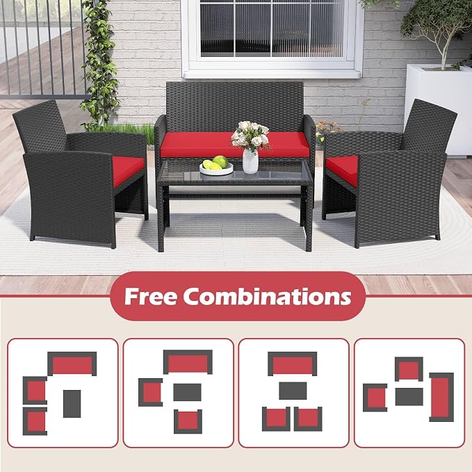 RELAX4LIFE 4-Piece Patio Furniture Set - Wicker Rattan Outdoor Sectional Sofa Set w/Glass Coffee Table, Loveseat, 2 Chairs & Soft Cushions, Bistro Conversation for Garden Porch (1, Black-Red)