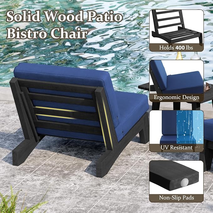 Pia Ricoo 3 Piece Patio Bistro Set with Patio Chairs and Table, Heavy Duty Wood Patio Furniture Set, All-Weather Outdoor Chairs for Balcony, Deck, Poolside, Porch - Navy/Dark