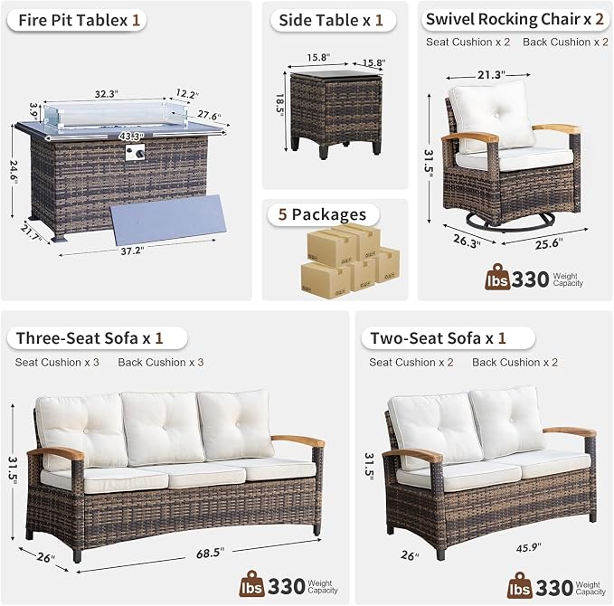 MEISSALIVVE 6 Pieces Patio Furniture Sets with Fire Pit Table, Wicker Outdoor Conversation Sets with Swivel Glider Chairs, Outdoor Patio Set for Porch,Deck,Balcony(Beige)