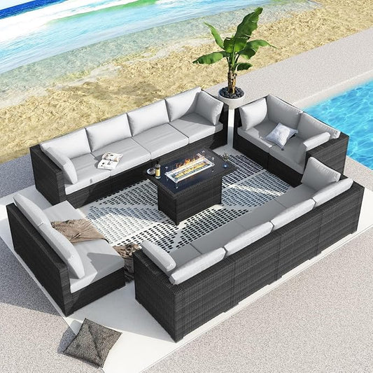 BULEXYARD 13 Piece High Back Patio Furniture Sets with Firepit, Luxury Outdoor Seating Sectional Couch 12-Person Modular, Comfortable Extra Large Wide Deep Backyard Conversation Sofa Set, Light Grey