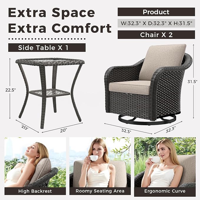 Outdoor Swivel Chairs with Side Table, Patio Wicker Chairs, Outside Conversation Furniture Set with Washable Cushions for Sunroom, Gazebo, Poolside (Beige)